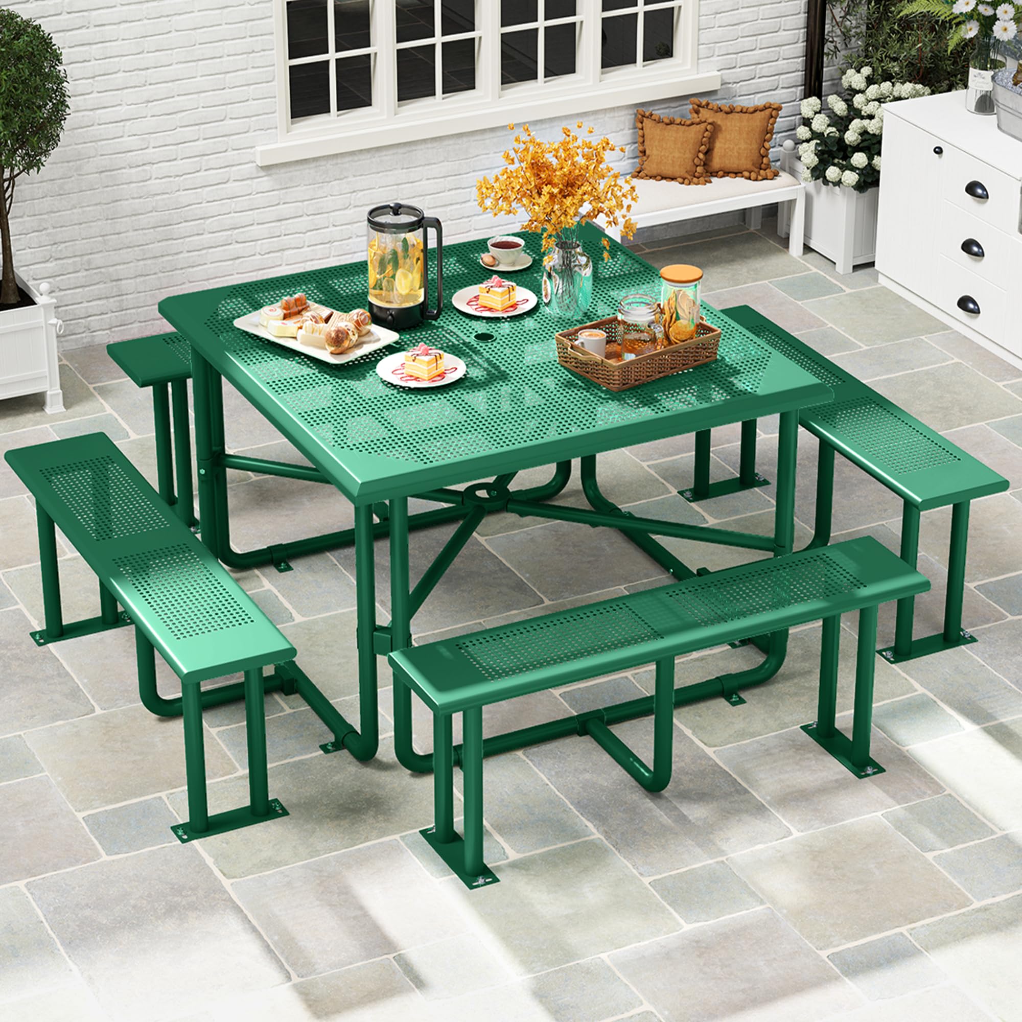 Yitahome Heavy Duty Steel Picnic Table, 46' Coated Outdoor Picnic Table W/Sturdy Steel Frame & Umbrella Hole For Yard Patio Lawn Party, Square, Green